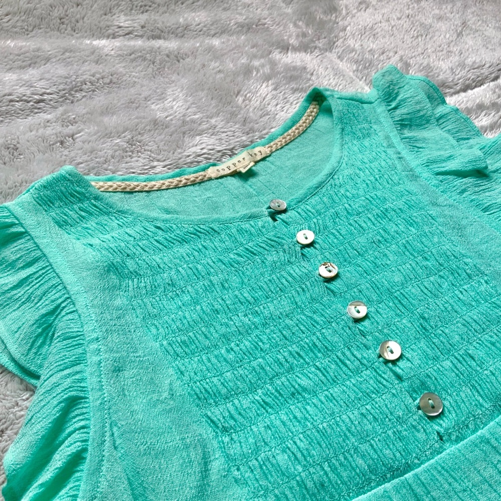 Turquoise Button Down Ruffled Sleeve Top - Picture 4 of 7